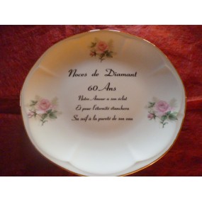 ASSIETTE 60 ans de Mariage "NOCES DIAMANT" en Porcelaine DECOR ROSES modèle DODDY